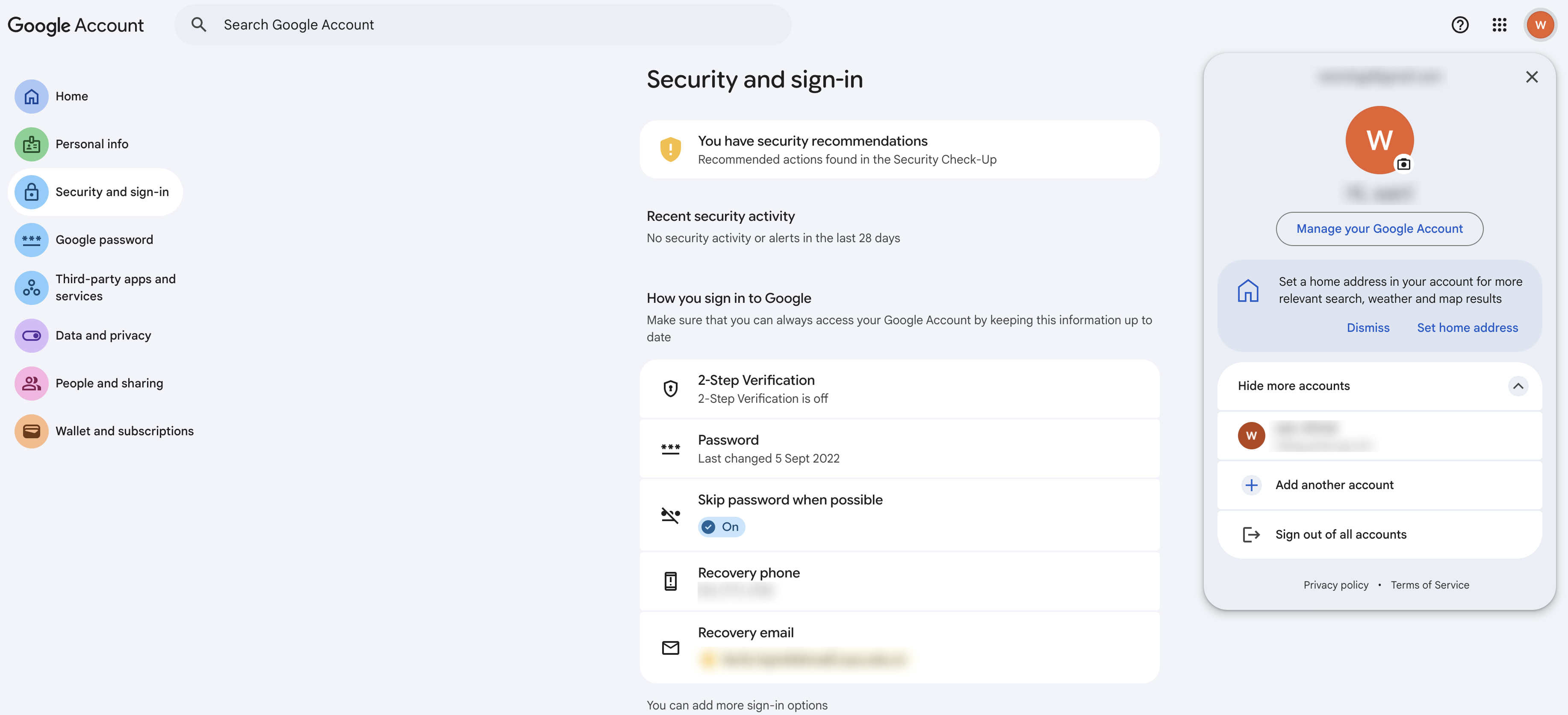 Google Security Settings — find 2-Step Verification
